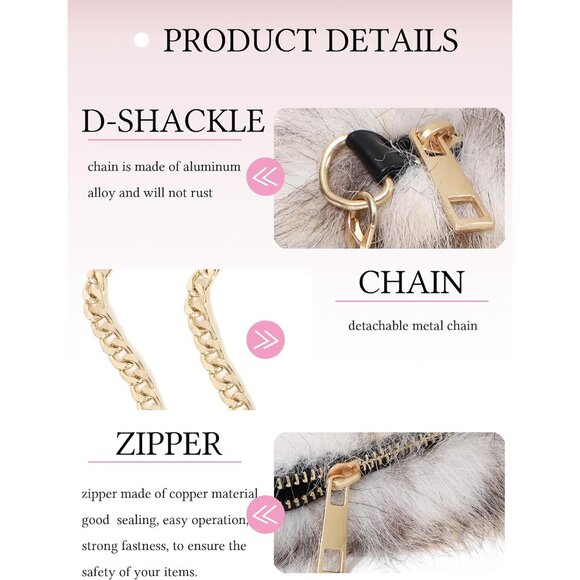 Faux Fur Crossbody Bag Women Small Shoulder Purse Zipper Detachable Chain - Picture 5 of 6